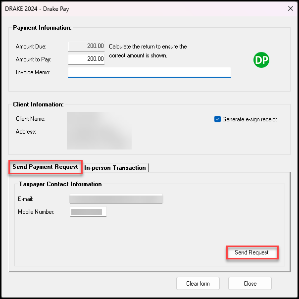 The Send Payment Request tab of the Drake Pay window